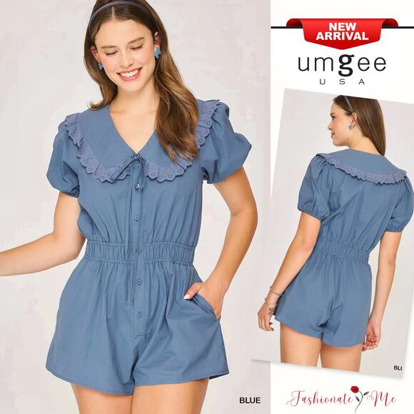 Umgee Collared Neckline Short Sleeves Smocked Details Button Down Romper | Blue - Picture 1 of 6